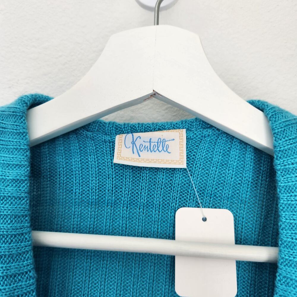 Vintage 70s Blue Teal Knit Ruffle Wrap Cardigan Tie Waist Top S Kentelle - Picture 12 of 16
